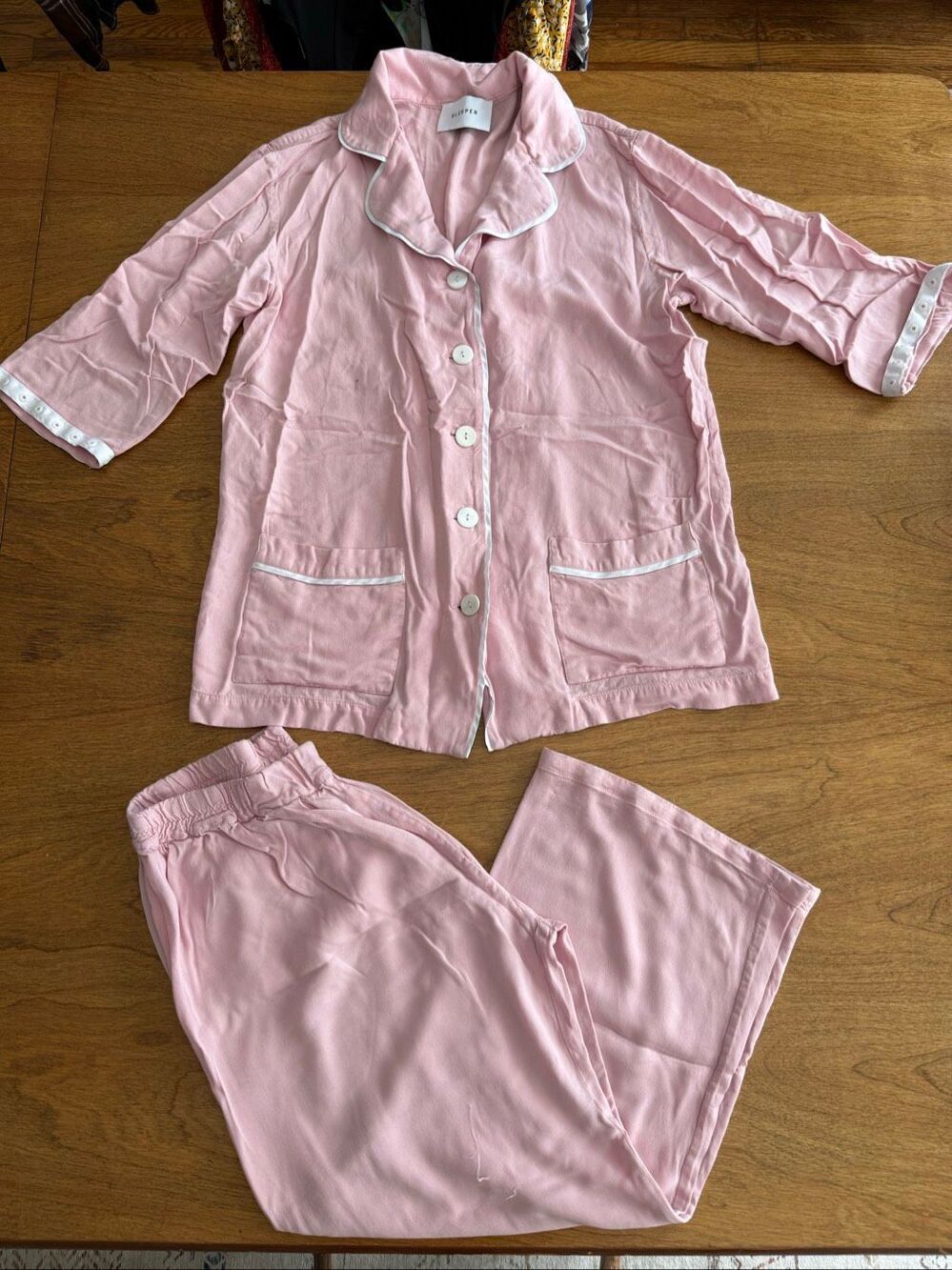 Sleeper Women's Button-Down Top and Wide-Leg Pants Pajama Set Pale Pink Large